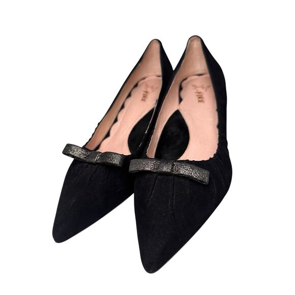 Miss L Fire Marilyn Pointed Toe Black Suede Kitten Heel 1950s Sz 40 Retro Bow EC - Picture 10 of 16